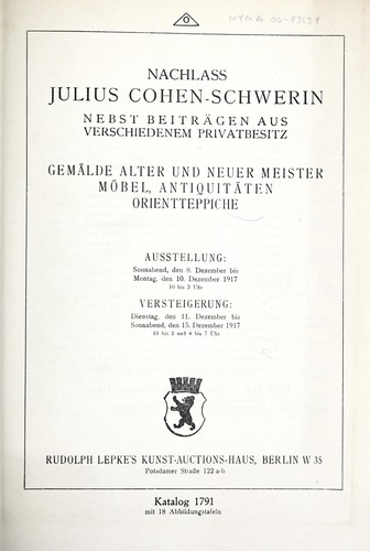 Nachlass Julius Cohen-Schwerin, nebst Beitr©Þgen aus verschiedenem Privatbesitz