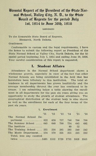 Containing Biennial report of the president of the State Normal School, Valley City, N.D. to the State Board of Regents