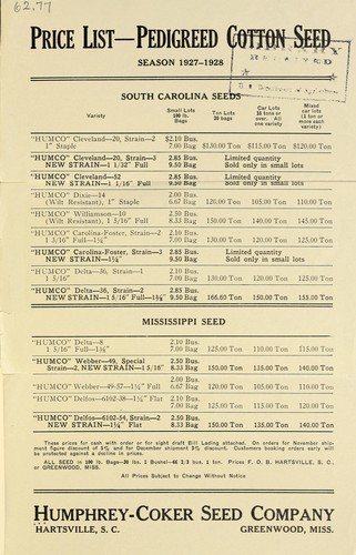 Price list pedigreed cotton seed