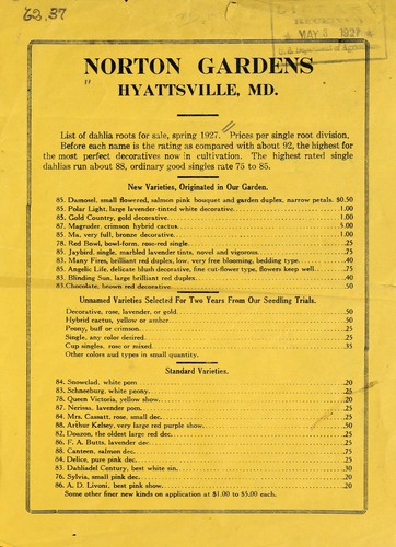 List of dahlia roots for sale, spring 1927