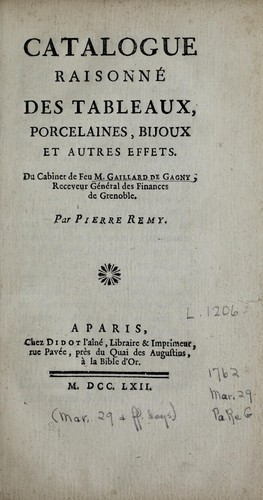 Catalogue raisonné des tableaux, porcelaines, bijoux et autres effets