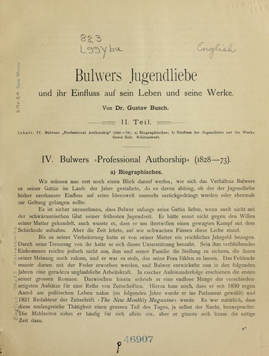 Bulwers Jugendliebe und ihr Einfluss auf sein Leben und seine Werke