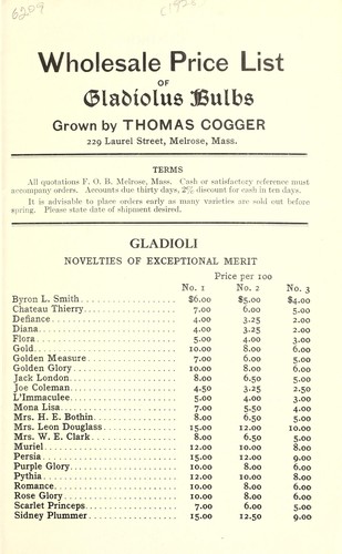 Wholesale price list of gladiolus bulbs [and other bulbs]