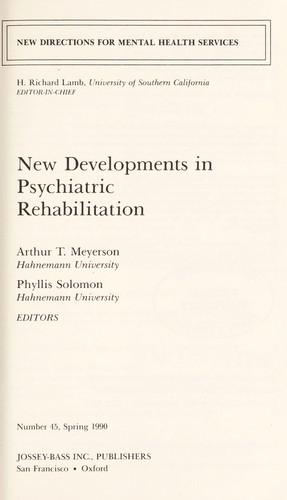 New Developments in Psychiatric Rehabilitation (New Directions for Youth Development)
