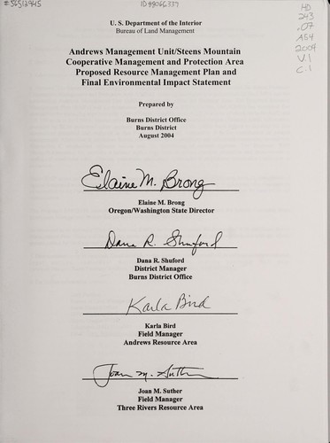 Proposed resource management plan and final environmental impact statement