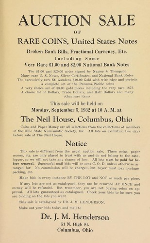 Catalogue of gold and silver coins, United States notes, broken bank notes, fractional currency, etc., the consignments of members of the Ohio State Numismatic Society, Inc. ...