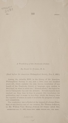 A vocabulary of the Nanticoke dialect