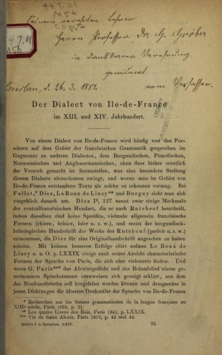 Der dialect von Ile-de-France im XIII. und XIV. jahrhundert