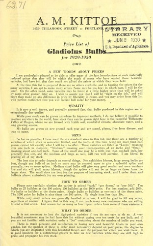 Price list of gladiolus bulbs for 1929-1930