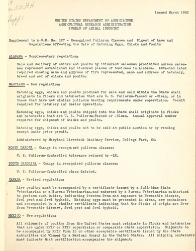 Supplement to recognized pullorum classes and digest of laws and regulations affecting sale of hatching eggs, chicks and poults