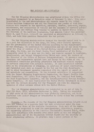 Organization, functions and records of the War Shipping Administration during World War II