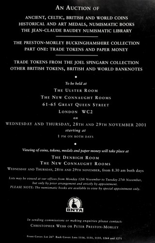 An auction of ancient, Celtic, British, and world coins, ... the Jean-Claude Baudey numismatic library, ... the Preston-Morley Buckinghamshire collection, part one, ... trade tokens from the Joel Spingarn collection, ...