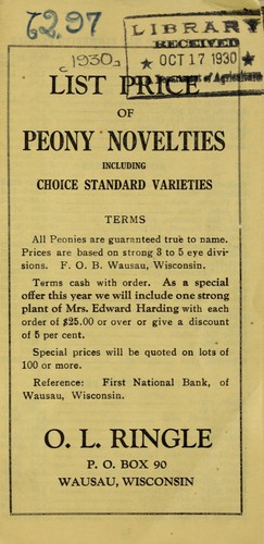 List price of peony novelties, including choice standard varieties