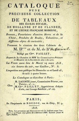 Catalogue d'une précieuse collection de tableaux des écoles d'Italie, de Hollande et de Flandre, et de l'école française moderne