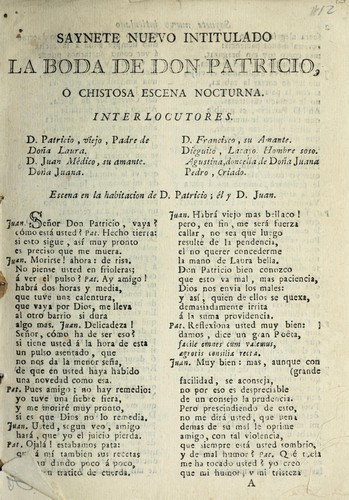 Saynete nuevo intitulado La boda de don Patricio, o, Chistosa escena nocturna