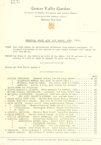 Perennial price list for spring 1929-1930