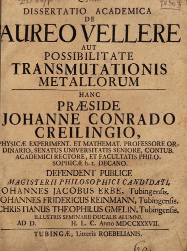 Dissertatio academica de aureo vellere, aut possibilitate transmutationis metallorum ...