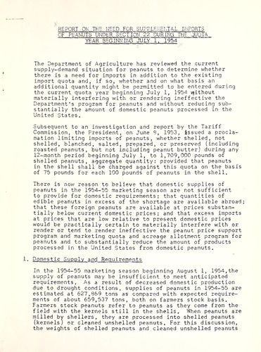 Report on the need for supplemental imports of peanuts under section 22 during the quota year beginning July 1, 1954