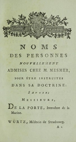 Noms des personnes nouvellement admises chez M. Mesmer [pour être instruites dans sa doctrine]