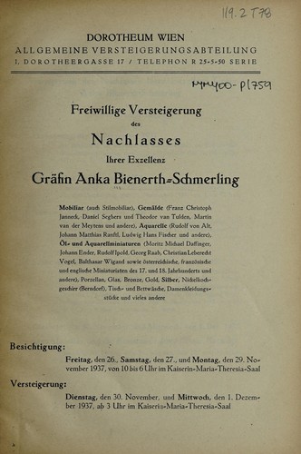Nachlasses Gräfin Anka Bienerth-Schmerling
