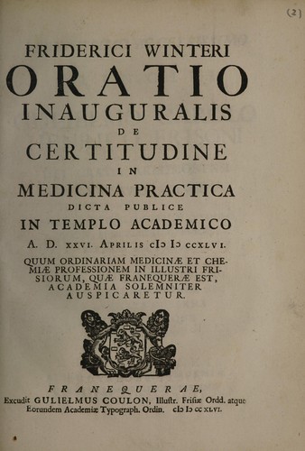 Oratio inauguralis de certitudine in medicina practica