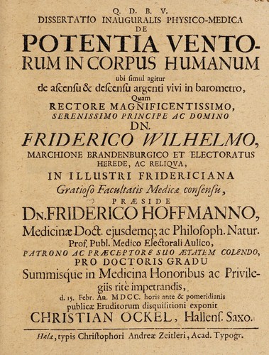 Dissertatio inauguralis physico-medica de potentia ventorum in corpus humanum ubi simul agitur de ascensu & descensu argenti vivi in barometro ...
