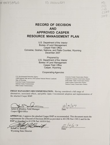 Record of decision and approved Casper resource management plan