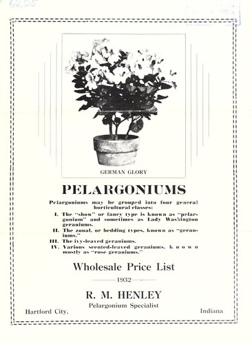 Pelargoniums wholesale price list, 1932