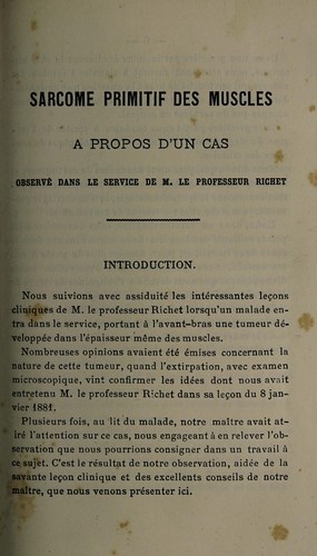 Sarcome primitif des muscles à propos d'un cas observé dans le service de M. le Professeur Richet