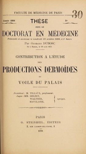 Contribution à l'étude des productions dermoïdes du voile du palais ...