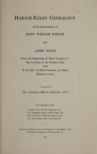 Harloe-Kelso genealogy of the descendants of John William Harloe and James Kelso