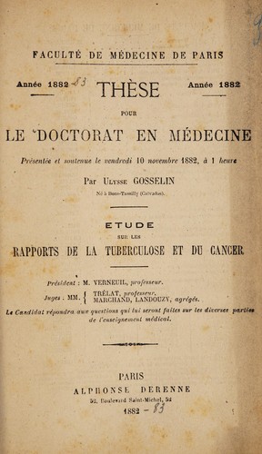 Étude sur les rapports de la tuberculose et du cancer ...