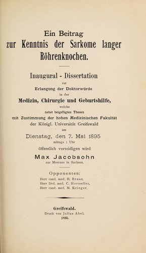 Ein Beitrag zur Kenntnis der Sarkome langer Röhrenknochen ...