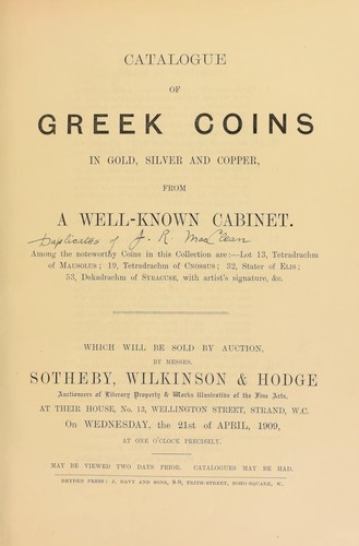 Catalogue of Greek coins in gold, silver and copper, from a well-known cabinet, [duplicates of J.R. McClean] ....