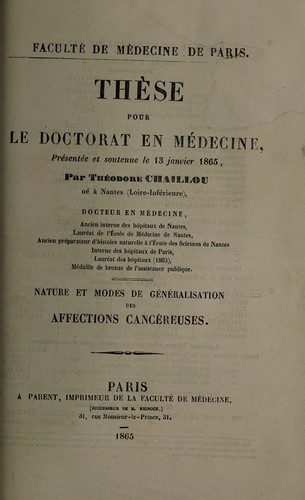 Nature et modes de généralisation des affections cancereuses