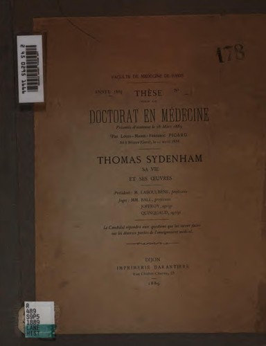 Thomas Sydenham, sa vie et ses oeuvres