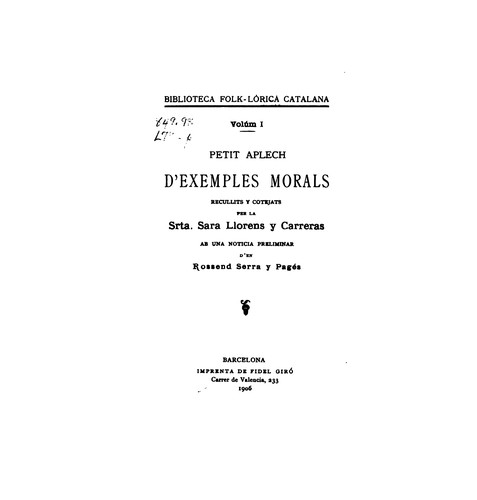 Petit aplech d'exemples morals, recullits y cotejats per la srta. Sara ...