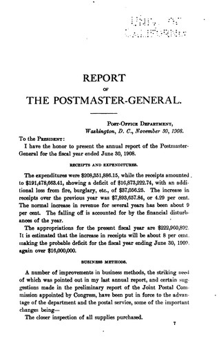 Annual Reports. Report of the Postmaster-General. Miscellaneous Reports