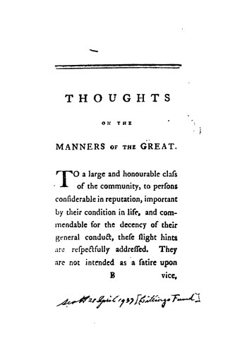 Thoughts on the Importance of the Manners of the Great to General Society