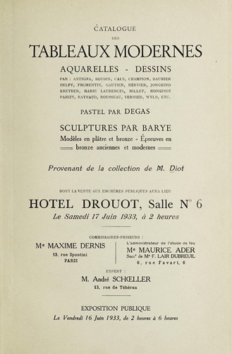 Catalogue des tableaux modernes, aquarelles, dessins ... pastel par Degas, sculptures par Barye