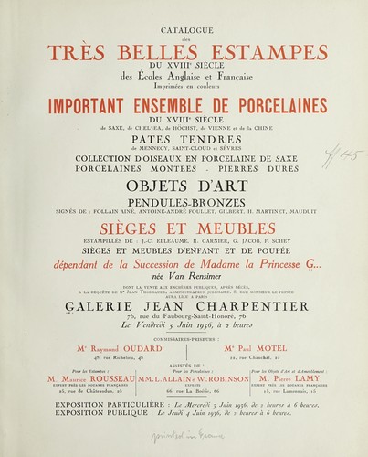 Catalogue des très belles estampes du XVIIIe siècle ... important ensemble de porcelaines ... pates tendres ... objets d'art, pendules, bronzes ... sièges et meubles .