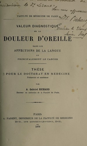 Valeur diagnostique de la douleur d'oreille dans les affections de la langue et principalement le cancer ...