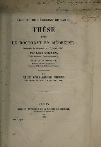 Des tumeurs dites cancéreuses primitives des muscles de la vie de relation ...