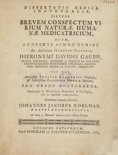 Dissertatio medica inauguralis, sistens brevem conspectum virium naturae humanae medicatricium ...