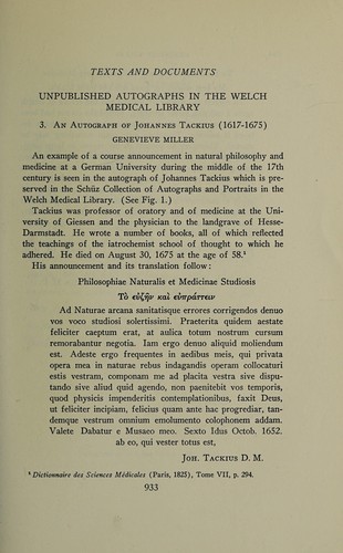 Unpublished autographs in the Welch medical library