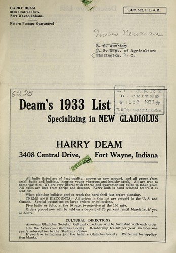 Deam's 1933 list, specializing in new gladiolus