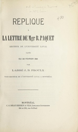 Réplique à la lettre de Mgr B. Paquet