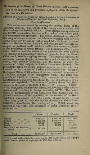 The results of the census of Great Britain in 1851