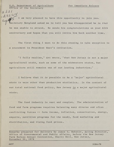Remarks prepared for delivery by Acting Director, Office of Governmental and Public Affairs, before the New Jersey Farm Bureau Annual Convention, Cherry Hill, New Jersey