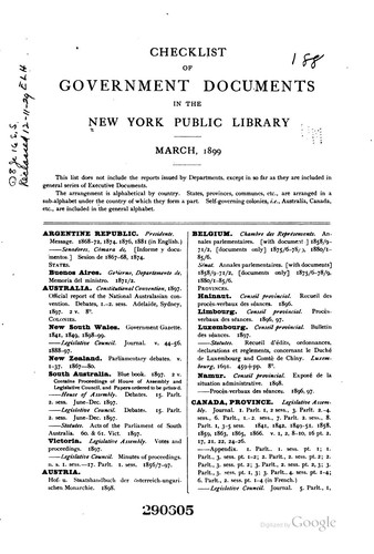 Checklist of Government Documents in the New York Public Library: March, 1899